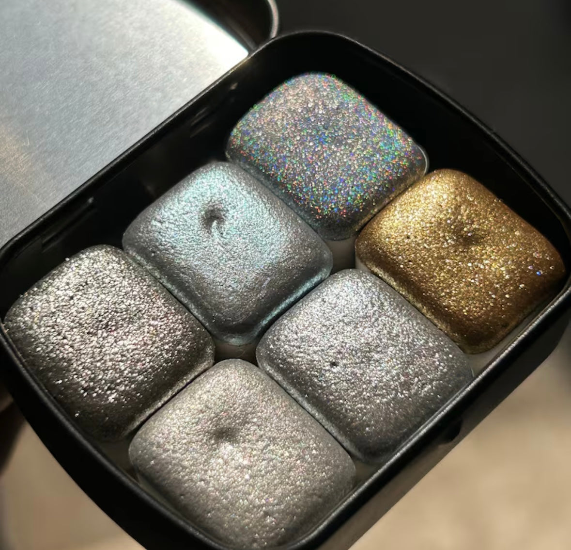 Silver half pans set with one holographic shade and champagne shade - set of 6